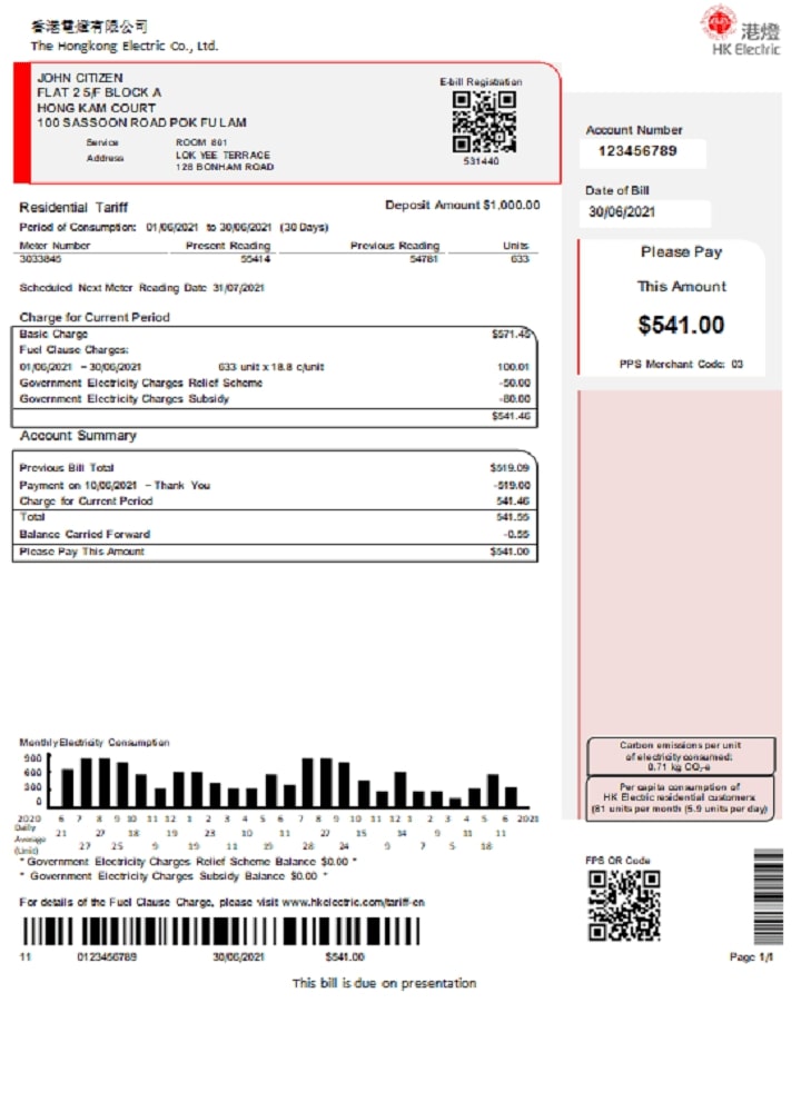 Hong Kong Hongkong Electric Company utility bill